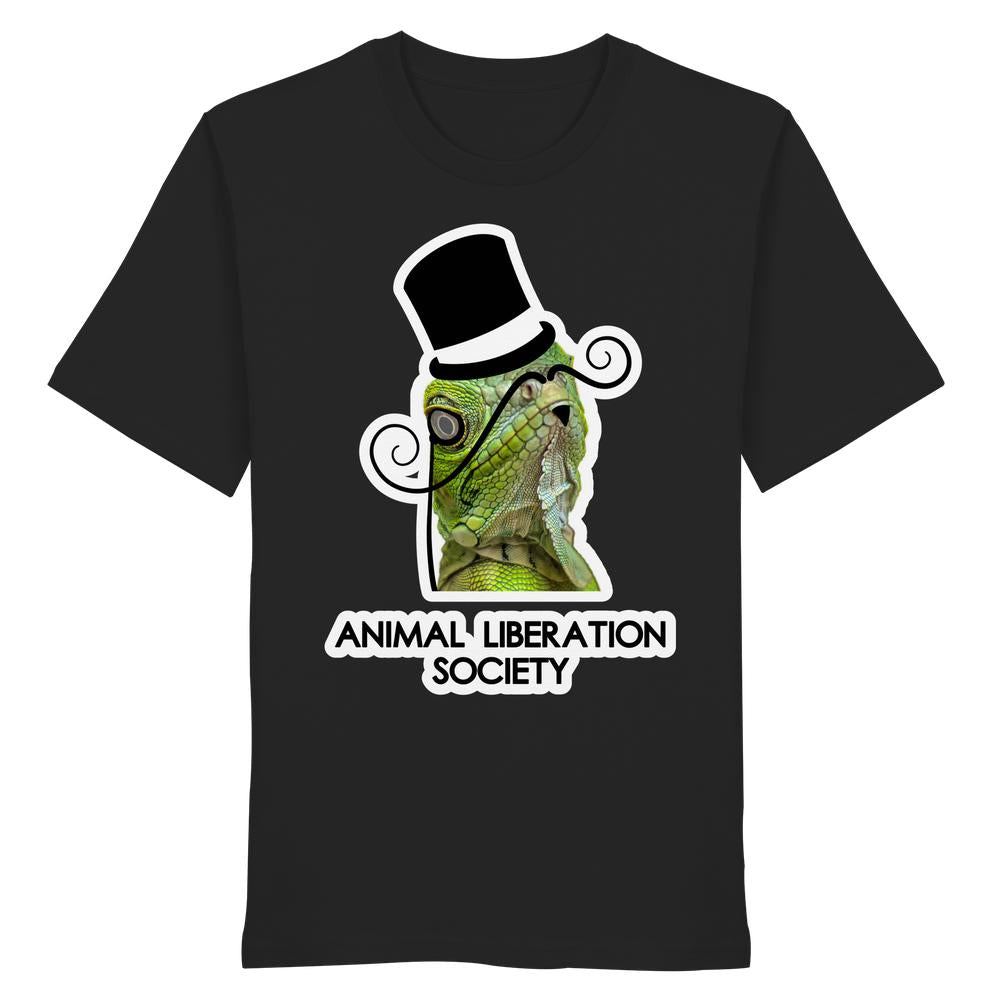 Unisex-Shirt Sir Reptile - Animal Liberation Society mit grünem Leguan in Zylinder und Schnurrbart-Aufdruck. Hergestellt aus 100% Bio-Baumwolle, normaler Schnitt.