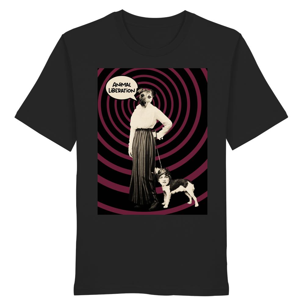 Vegan und Bio Unisex Shirt: Upside Down - Animal Liberation mit surrealem Design aus Hund-Mensch-Figuren und Sprechblase, inspiriert von Tierrechten. 100 % Bio-Baumwolle, normale Passform.