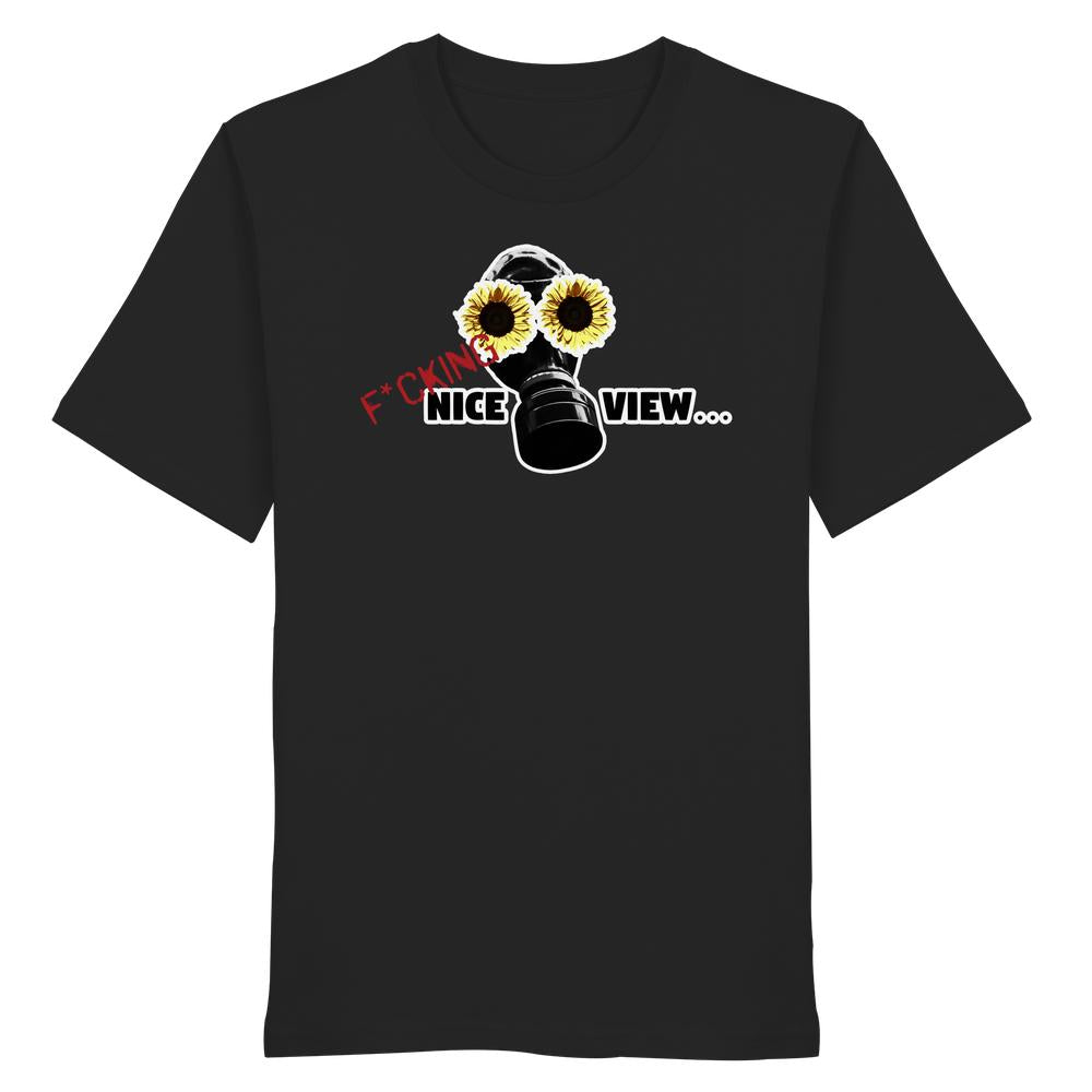 Schwarzes T-Shirt mit Grafik einer Gasmaske, deren Linsen durch gelbe Sonnenblumen ersetzt sind, und dem Slogan F*CKING NICE VIEW…, vegan und biologisch.