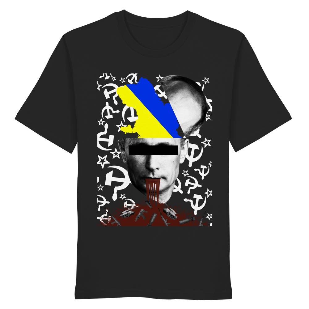 Vegan und Bio Unisex Shirt: STOP WAR IN UKRAINE! zeigt digitale Collage mit Porträt, Ukraine-Karte, Waffen und Symbolen, thematisiert Krieg und Machtmissbrauch.