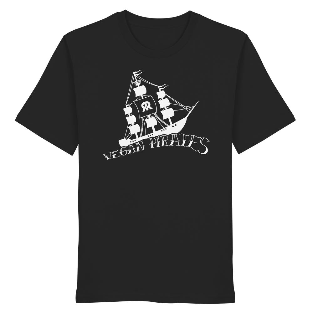Schwarzes T-Shirt mit weißem, stilisiertem Piratenschiff und VEGAN PIRATES-Schriftzug, aus 100% Bio-Baumwolle, normaler Schnitt, von RUDE REBEL.