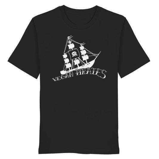 Schwarzes T-Shirt mit weißem, stilisiertem Piratenschiff und VEGAN PIRATES-Schriftzug, aus 100% Bio-Baumwolle, normaler Schnitt, von RUDE REBEL.
