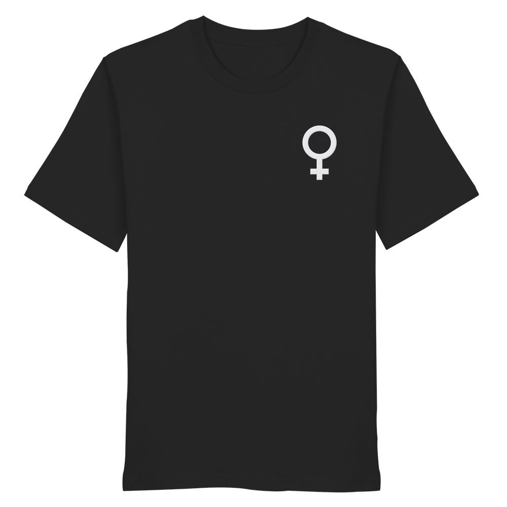Schwarzes Bio-T-Shirt mit kleinem, weißem Venus-Symbol auf der Brust, repräsentiert den feministischen Kampf. Teil von RUDE REBELs veganer und nachhaltiger Kollektion.