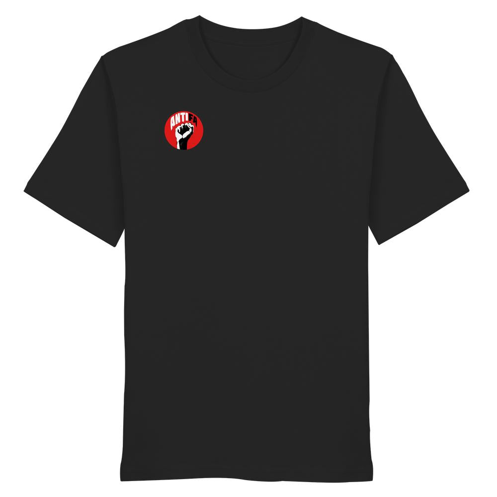Schwarzes T-Shirt mit rotem ANTIFA-Logo, zeigt erhobene Faust. Vegan, aus Bio-Baumwolle. Vegan und Bio Unisex Shirt: Antifa - Gemeinsam gegen Rechts von RUDE REBEL.