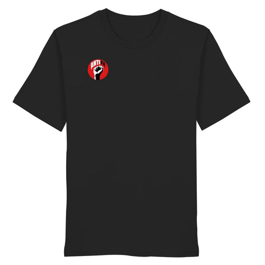 Schwarzes T-Shirt mit rotem ANTIFA-Logo, zeigt erhobene Faust. Vegan, aus Bio-Baumwolle. Vegan und Bio Unisex Shirt: Antifa - Gemeinsam gegen Rechts von RUDE REBEL.