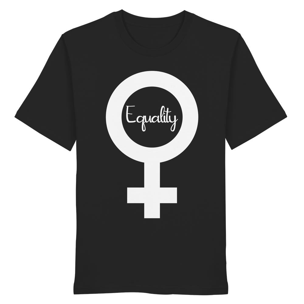 Schwarzes T-Shirt aus Bio-Baumwolle mit großem weißen Venus-Symbol und dem Schriftzug „Equality“; Unisex-Design für Feminismus und Gleichberechtigung, von RUDE REBEL.