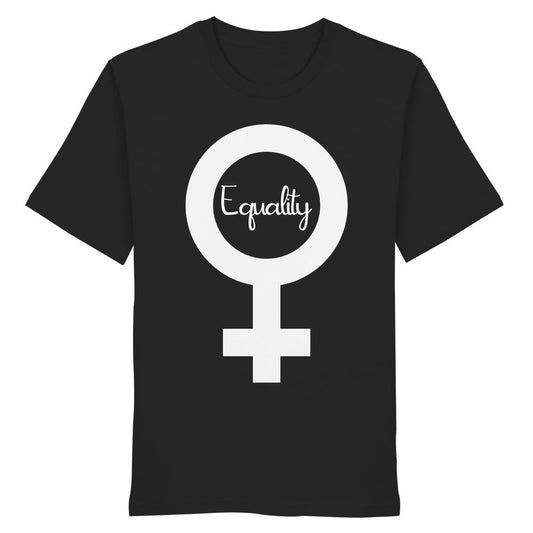 Schwarzes T-Shirt aus Bio-Baumwolle mit großem weißen Venus-Symbol und dem Schriftzug „Equality“; Unisex-Design für Feminismus und Gleichberechtigung, von RUDE REBEL.