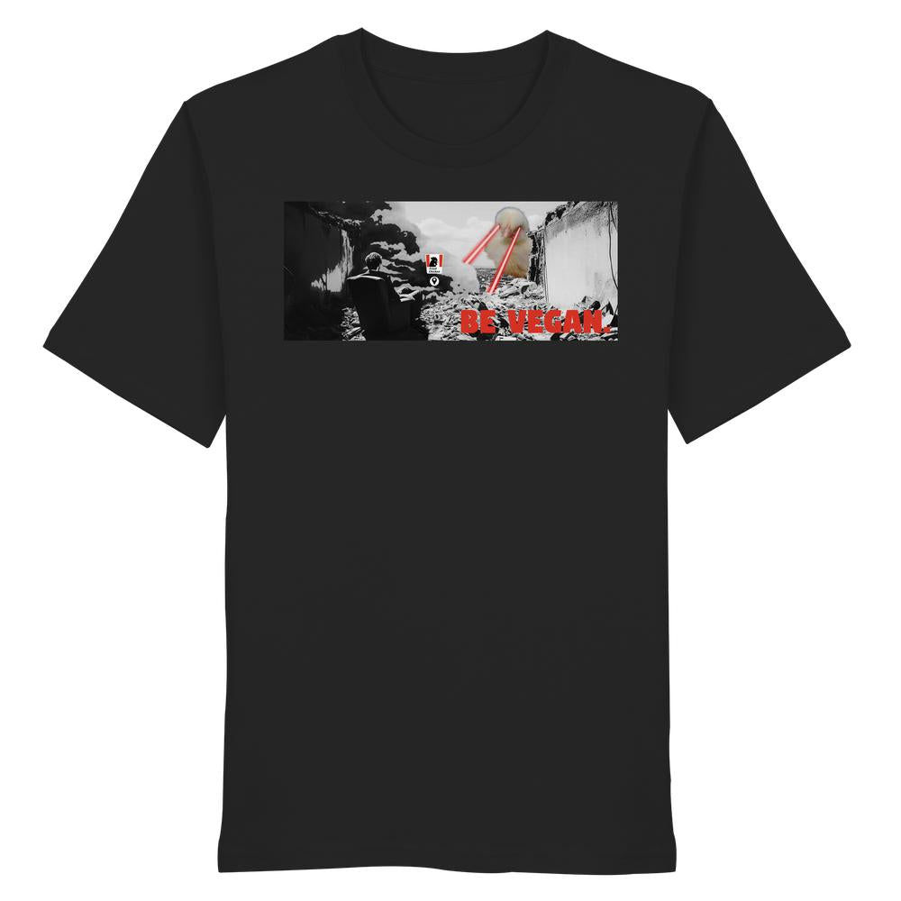 Schwarzes T-Shirt mit Grafik: Einsamer Mensch vor Ruinen, wütender Vogel mit Laseraugen, roter Slogan BE VEGAN!. Vegan und Bio Shirt von RUDE REBEL.
