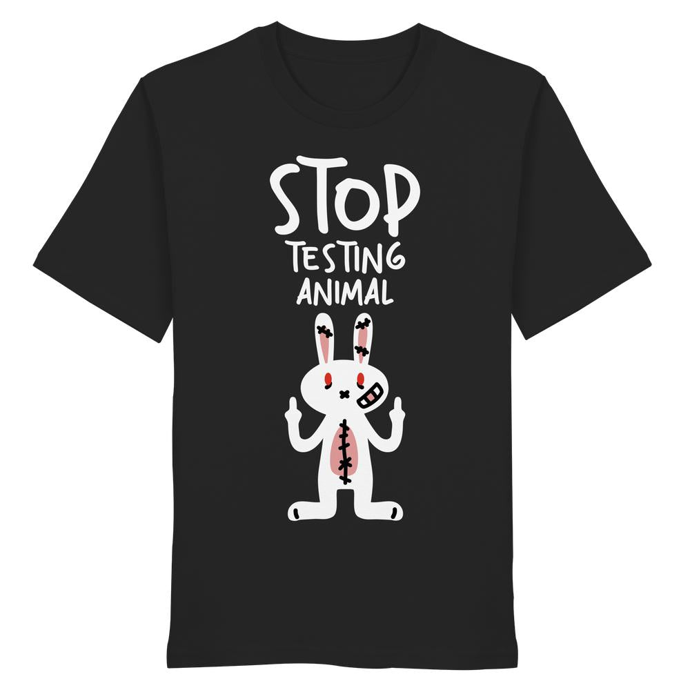 Vegan und Bio Shirt: Angry Rabbit - Animal Rights zeigt einen stilisierten Hasen mit erhobenen Mittelfingern und dem Slogan STOP TESTING ANIMAL, aus 100% Bio-Baumwolle.