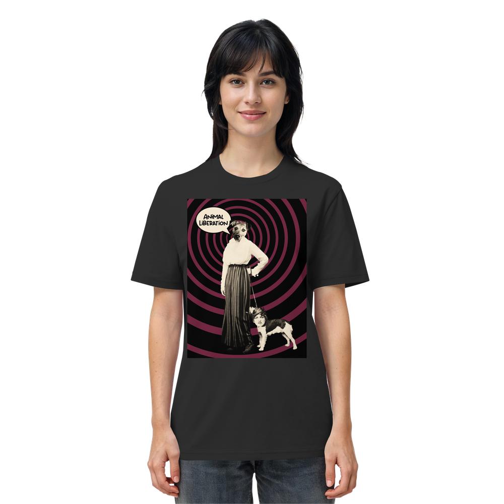 Vegan und Bio Unisex Shirt: Upside Down - Animal Liberation zeigt eine Collage mit Frau im Retro-Look, Hundekopf, kleinem Hund und Sprechblase Animal Liberation.