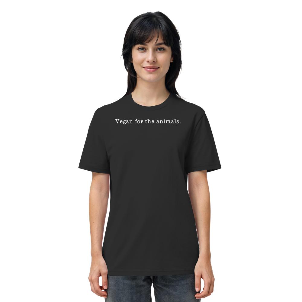 Person trägt das Vegan und Bio Unisex Shirt: Minimalism Design - Vegan for the animals. aus 100% Biobaumwolle, mit Slogan für Tierrechte auf der Vorderseite.