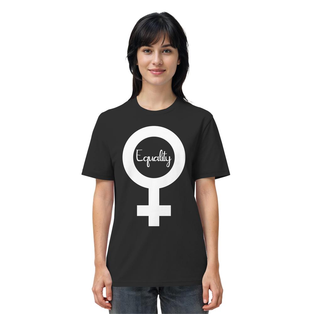 Vegan und Bio Unisex Shirt: Feminismus - Der Kampf um Gleichberechtigung, getragen von junger Erwachsener, zeigt Venus-Symbol mit Equality Schriftzug auf schwarzem T-Shirt.