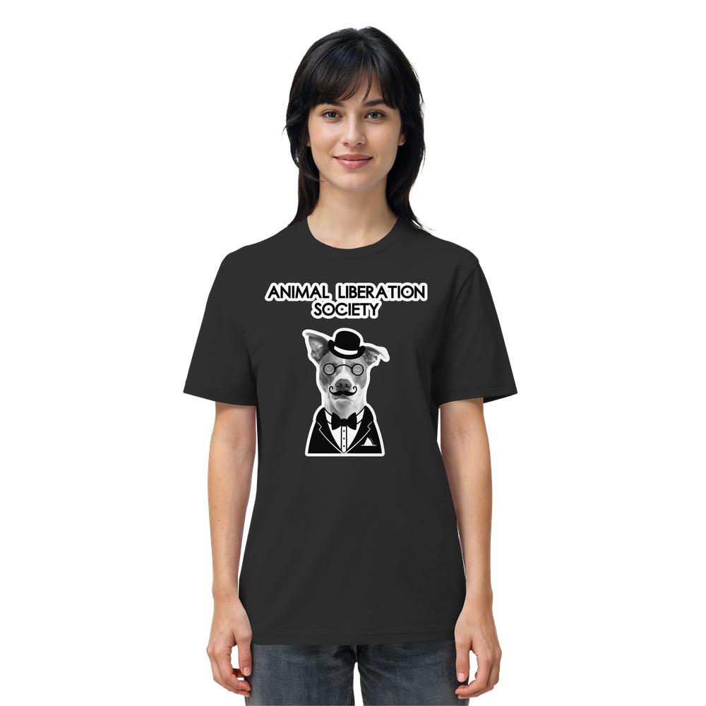 Vegan und Bio Unisex Shirt: Mr. Dog - Animal Liberation Society mit Grafik eines Hundes im Smoking, repräsentiert Tierrechte und Nachhaltigkeit.