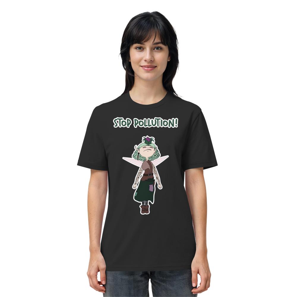 Person trägt ein schwarzes T-Shirt mit Cartoon-Fee, die Stop Pollution! sagt. Das Shirt ist aus 100% Bio-Baumwolle, normal geschnitten, von RUDE REBEL.