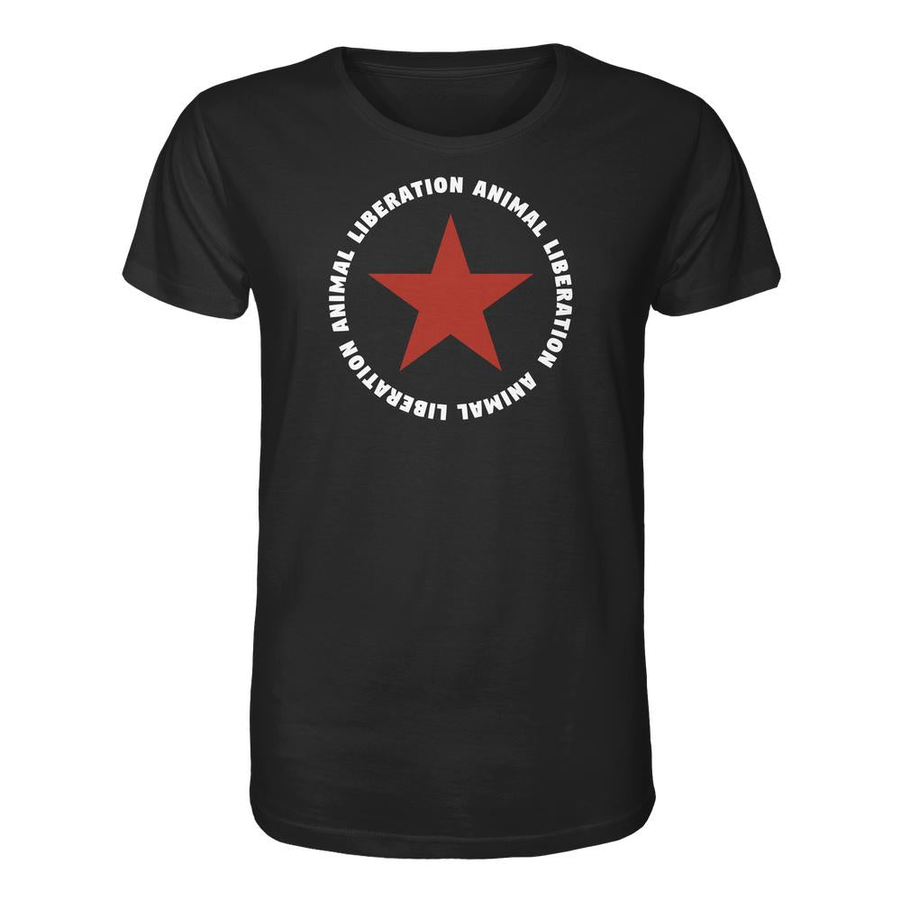 Vegan und Bio Unisex Shirt: Red Star and Animal Liberation, schwarzes T-Shirt mit rotem Stern und weißem Schriftzug ANIMAL LIBERATION aus Bio-Baumwolle, normale Passform.