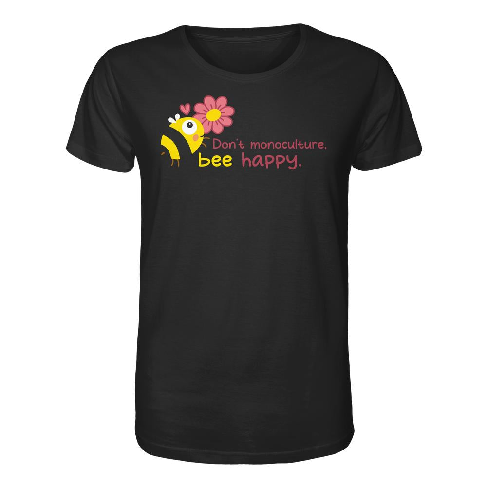 Vegan und Bio Unisex Shirt: Save the bees – Schwarzes T-Shirt mit niedlicher Biene und Slogan „Don’t monoculture, bee happy“, fördert Biodiversität, 100% Bio-Baumwolle.
