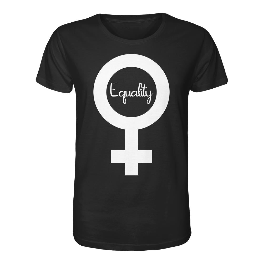 Schwarzes Unisex-Shirt aus Bio-Baumwolle mit großem weißen Venussymbol und dem Wort „Equality“ in Kursivschrift, passend zum Thema Feminismus und Gleichberechtigung.