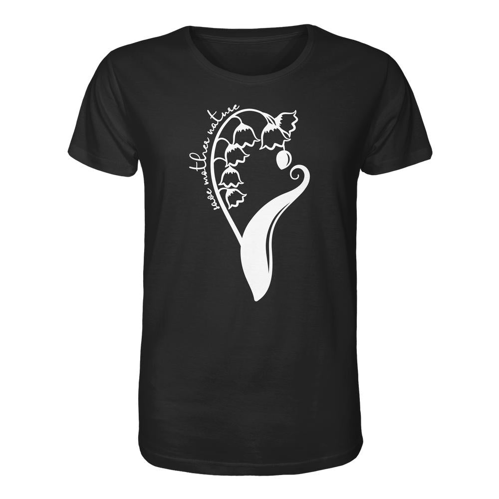 Schwarzes Bio-T-Shirt mit minimalistischem Blumenmotiv und Schriftzug „love mother nature“, aus 100% Bio-Baumwolle. Veganes Unisex-Shirt: Save Mother Nature with Flower Power.