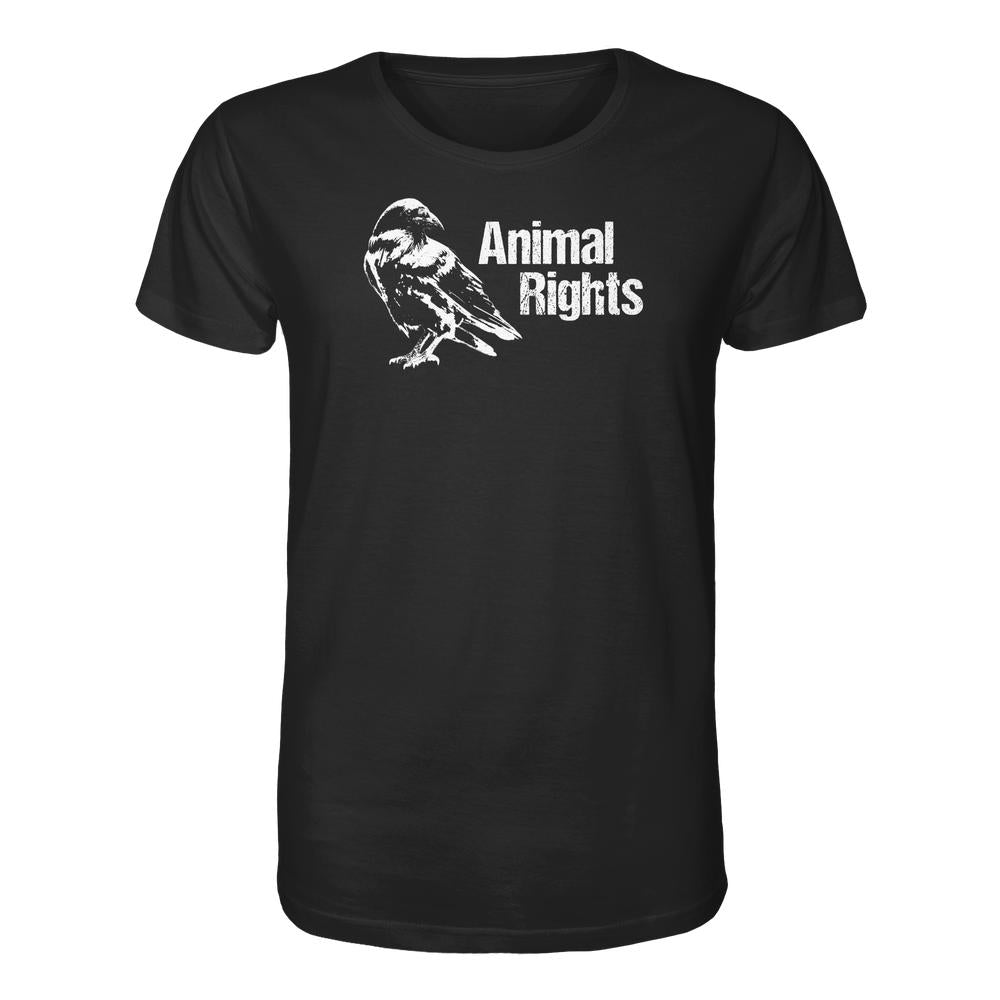 Schwarzes T-Shirt mit weißem, abgenutztem Grafikdruck eines Vogels und dem Slogan „Animal Rights“. Produkt: Vegan und Bio Unisex Shirt: Raven - Animal Rights.