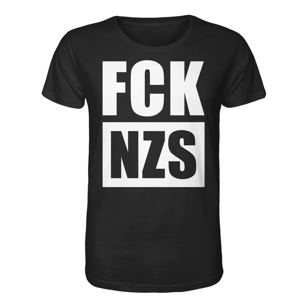 Schwarzes T-Shirt mit weißem Grafiktext FCK NZS, aus 100% Bio-Baumwolle. Rebellisches Design von RUDE REBEL, normale Passform, betont veganen und nachhaltigen Aktivismus.