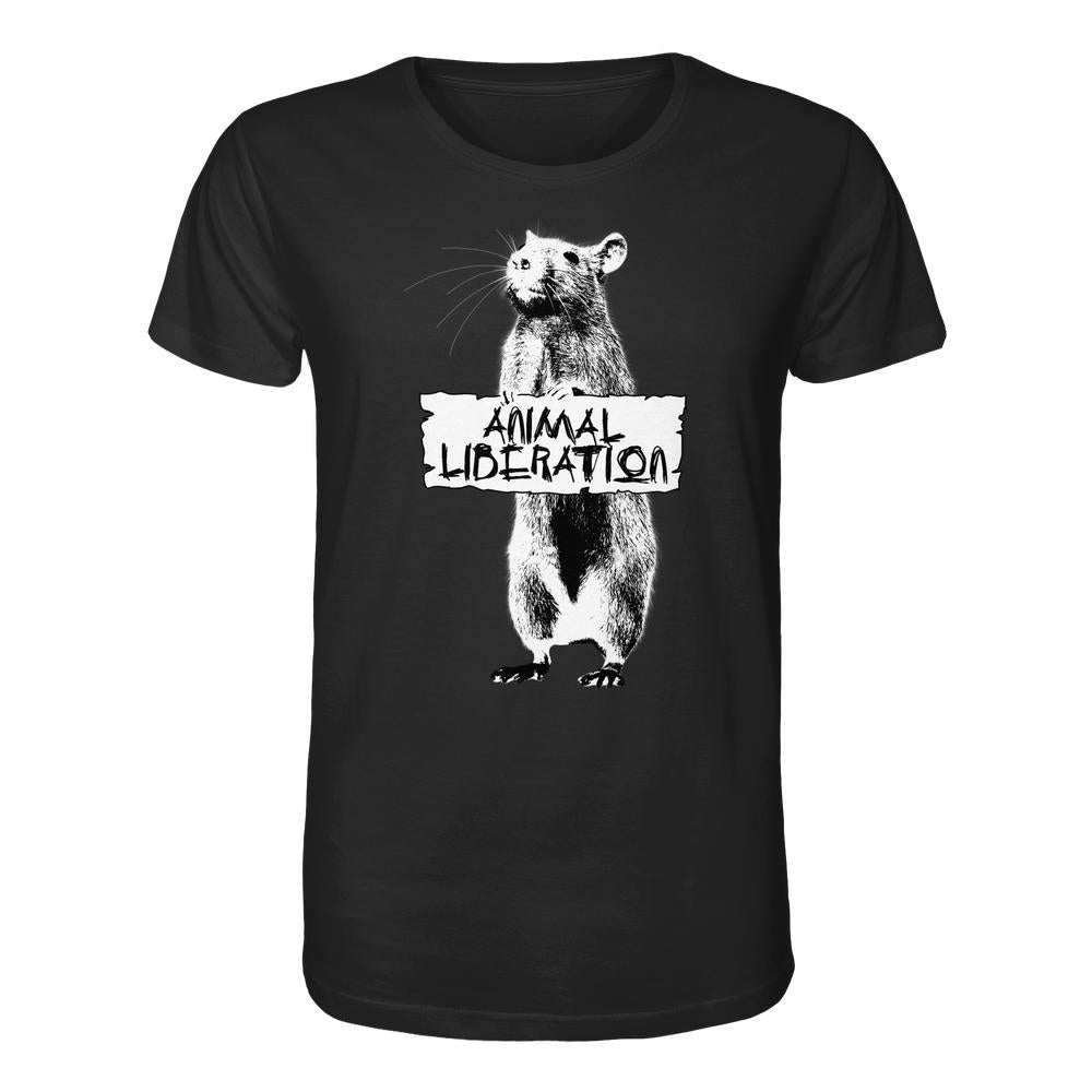 Schwarzes Unisex T-Shirt aus Bio-Baumwolle mit weißem Rattengrafik-Print, ANIMAL LIBERATION Schild, inspiriert von Banksy, von RUDE REBEL.