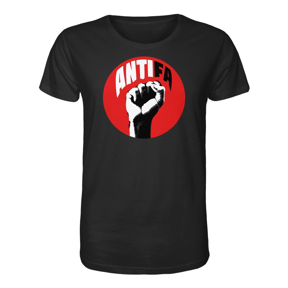 Schwarzes T-Shirt mit großem roten Kreis, darin eine stilisierte weiße Faust und der Schriftzug ANTIFA. Vegan und Bio Unisex Shirt: Antifa - Kampf gegen Rechts.