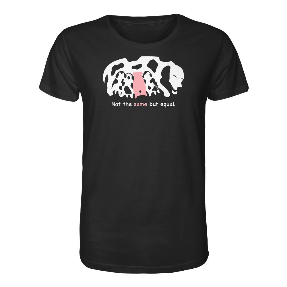 Vegan und Bio Unisex Shirt: Animal equality, zeigt grafisch Kuh und Schwein mit dem Slogan „Not the same but equal“, 100 % Bio-Baumwolle, normale Passform.