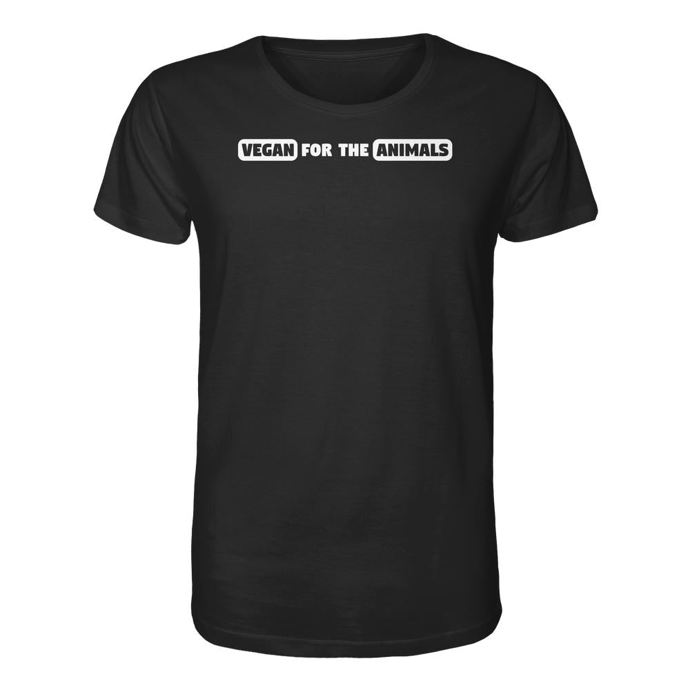 Schwarzes T-Shirt mit dem weißen Slogan „VEGAN FOR THE ANIMALS“, aus 100% Bio-Baumwolle, normale Passform, von RUDE REBEL.