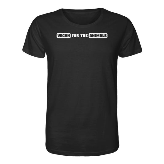 Schwarzes T-Shirt mit dem weißen Slogan „VEGAN FOR THE ANIMALS“, aus 100% Bio-Baumwolle, normale Passform, von RUDE REBEL.