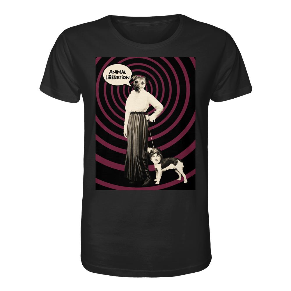 Schwarzes T-Shirt mit Collage einer viktorianischen Frau mit Hundekopf, die eine Leine mit Hund und Frauenkopf hält, Sprechblase Animal Liberation. Vegan und Bio Unisex Shirt: Upside Down.