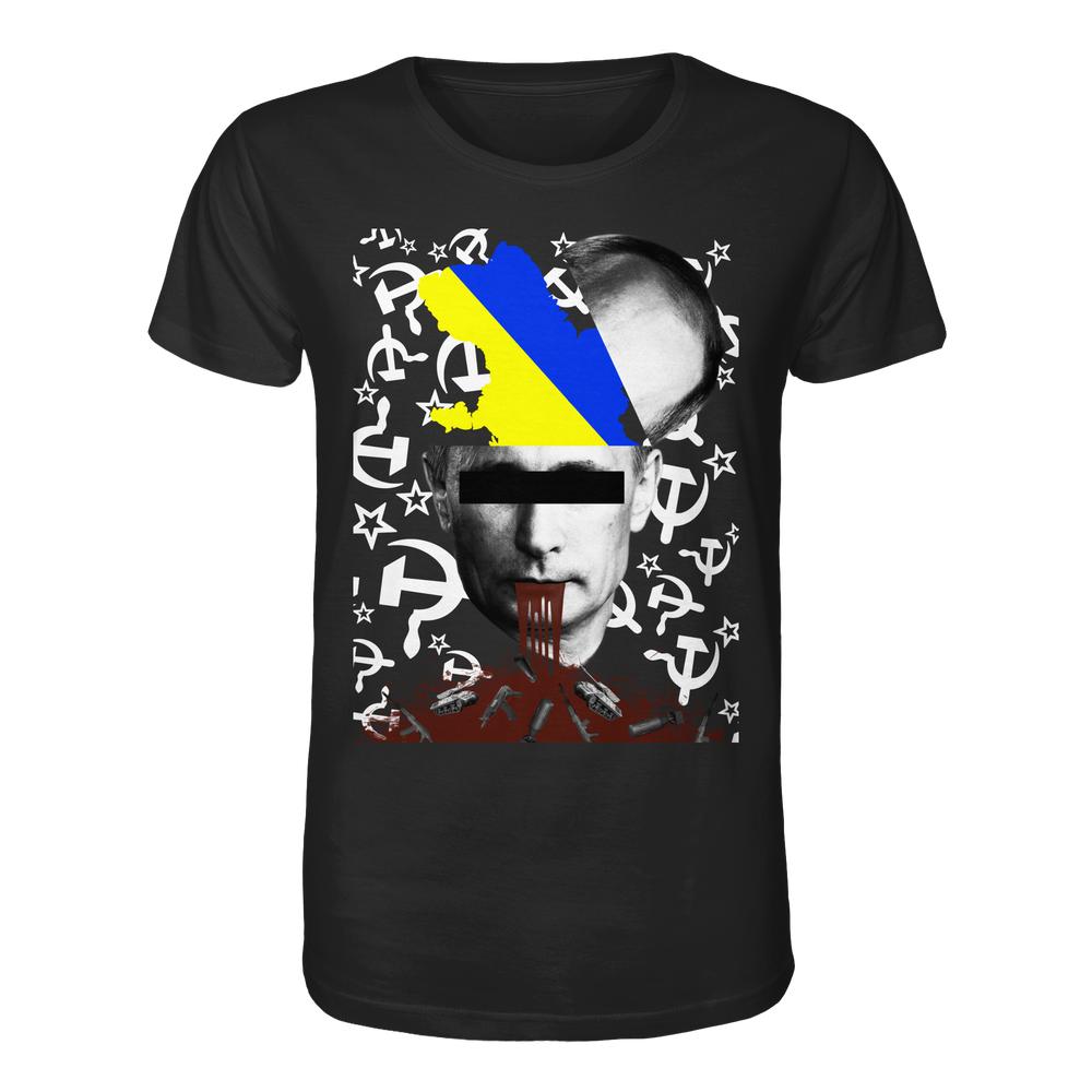 Vegan und Bio Unisex Shirt: STOP WAR IN UKRAINE! mit politischem Collage-Design, zeigt Anti-Kriegs-Motiven auf schwarzer Bio-Baumwolle, normal geschnitten, von RUDE REBEL.