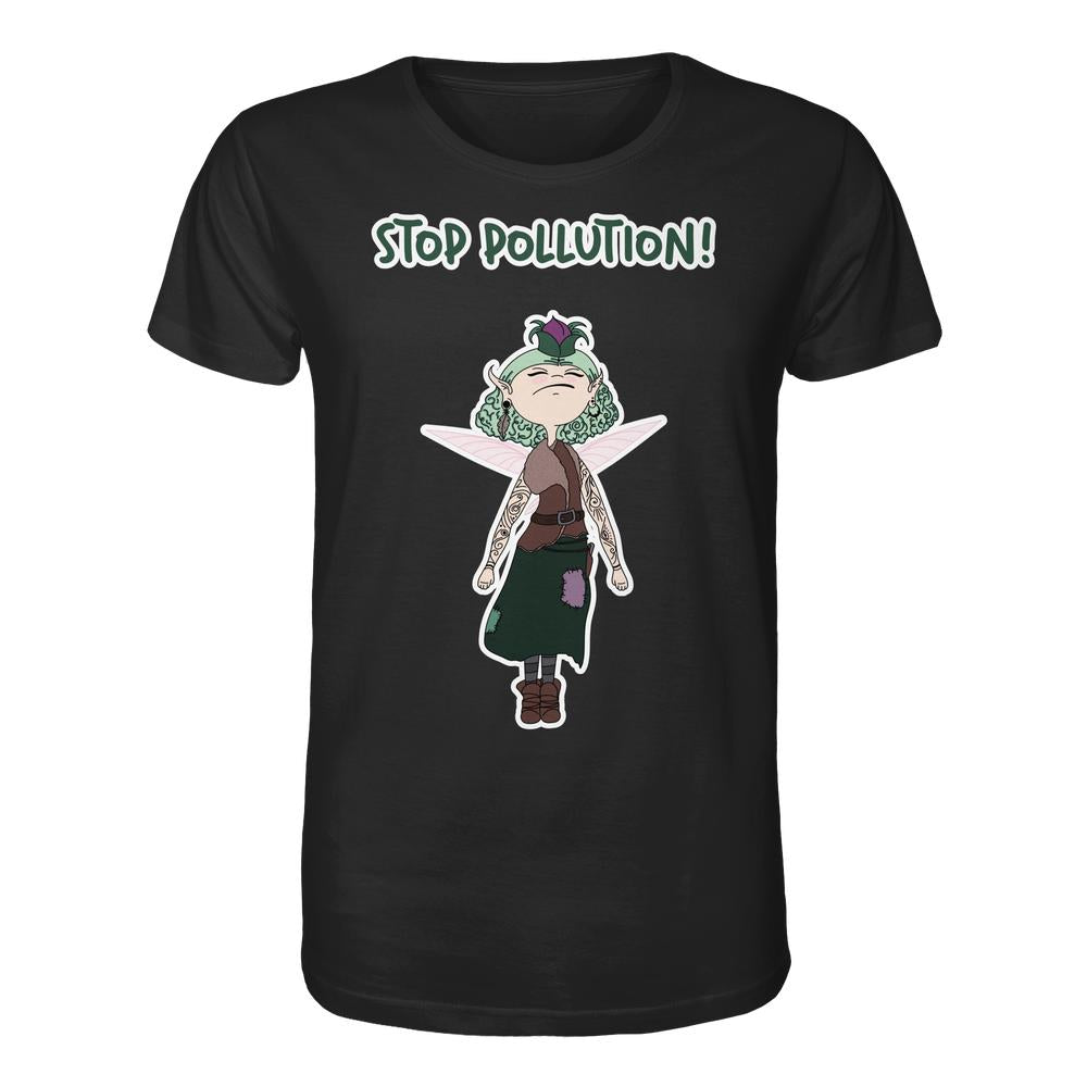 Vegan und Bio Unisex Shirt: STOP POLLUTION! - Krawall Fee mit grüner Mähne und Tattoos, auf 100% Bio-Baumwolle, rebellisches Design von RUDE REBEL.