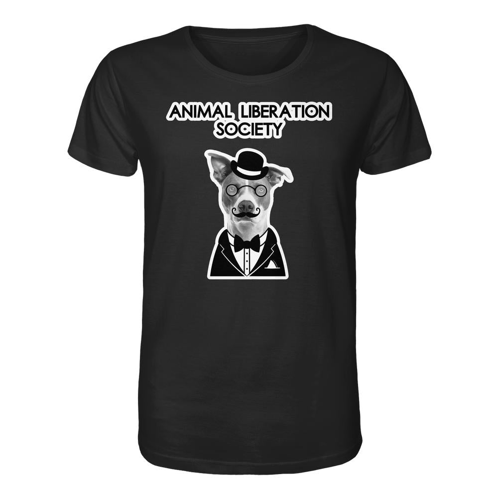 Vegan und Bio Unisex Shirt: Mr. Dog - Animal Liberation Society, zeigt stilisierte Hundeillustration mit Zylinder und Monokel, aus 100% Bio-Baumwolle, normaler Schnitt, von RUDE REBEL.