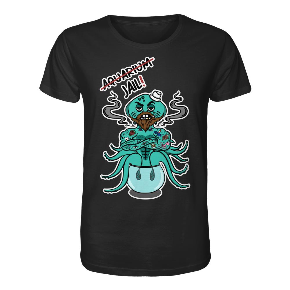 Vegan und Bio Unisex Shirt: Animal Rights - Aquarium=Jail! zeigt einen bärtigen Tintenfisch im Fischglas, rebellische Botschaft gegen Tierhaltung in Aquarien.