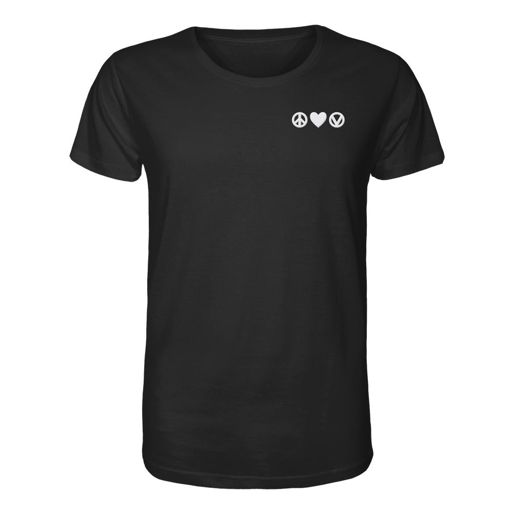 Unisex Bio-Baumwollshirt bestickt mit Symbolen für Frieden, Liebe, Veganismus. Schlichtes Design, normale Passform, betont vegane und nachhaltige Werte.
