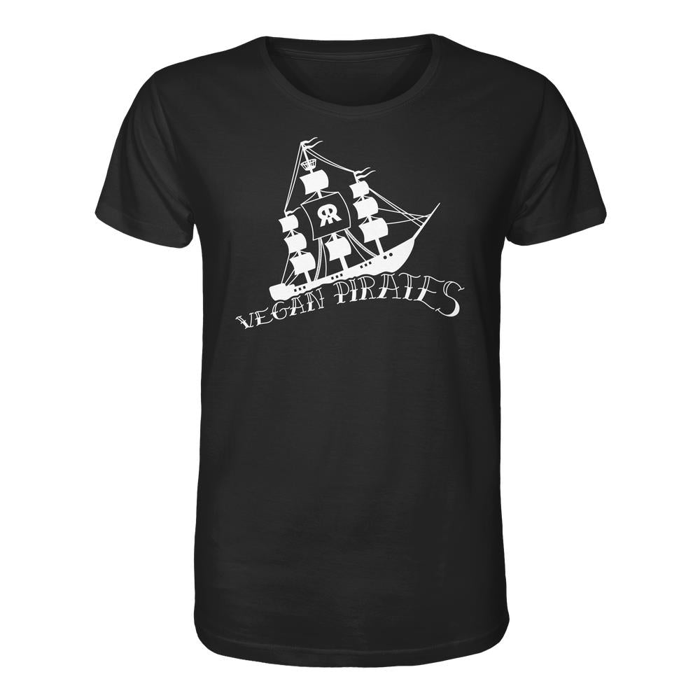 Schwarzes T-Shirt mit stilisierter, weißer Silhouette eines Segelschiffs und VEGAN PIRATES Schriftzug, aus 100 % Bio-Baumwolle, normale Passform.