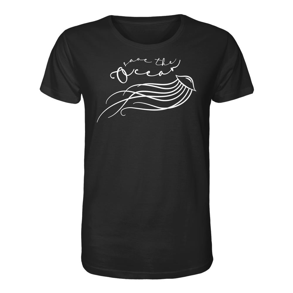 Vegan und Bio Unisex Shirt: Jellyfish - Save the Ocean, schwarzes T-Shirt mit weißem Grafikdesign einer Qualle und dem Schriftzug save the ocean in Kursivschrift.