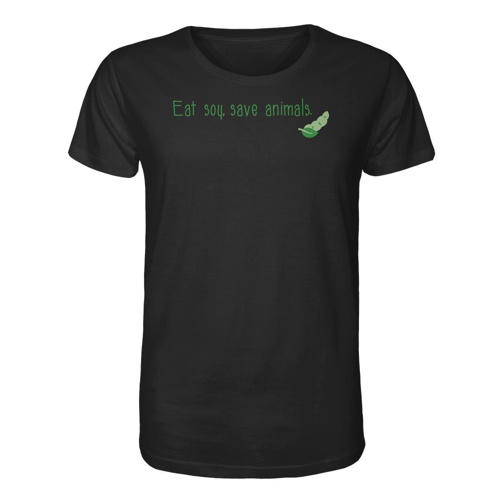 Schwarzes Damen-T-Shirt mit grünem Aufdruck „Eat soy, save animals“ und Sojabohnengrafik, aus 100 % Bio-Baumwolle, von RUDE REBEL.