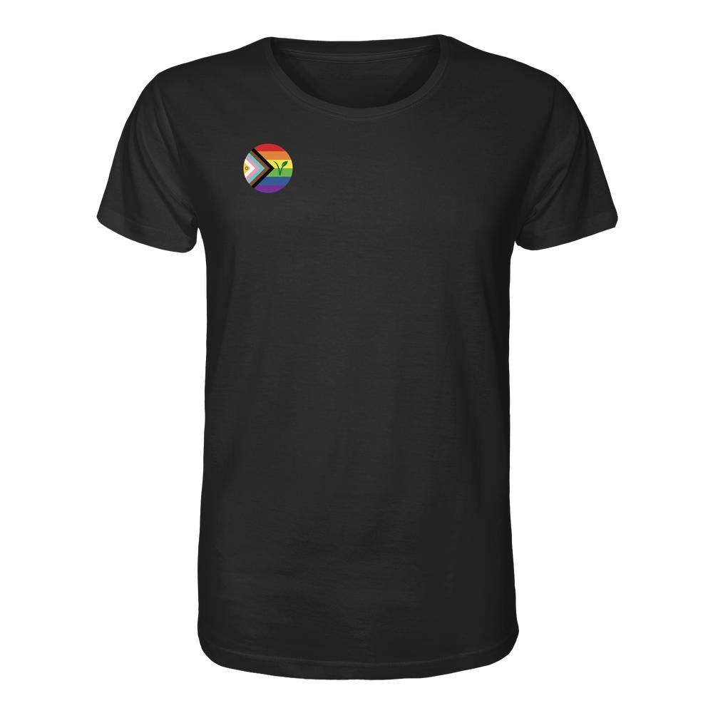 Schwarzes T-Shirt mit Progress-Pride-Abzeichen und Sprössling-Icon, Vegan und Bio Unisex Shirt: LGBTQIA+ VEGAN, aus Bio-Baumwolle, designed von RUDE REBEL.