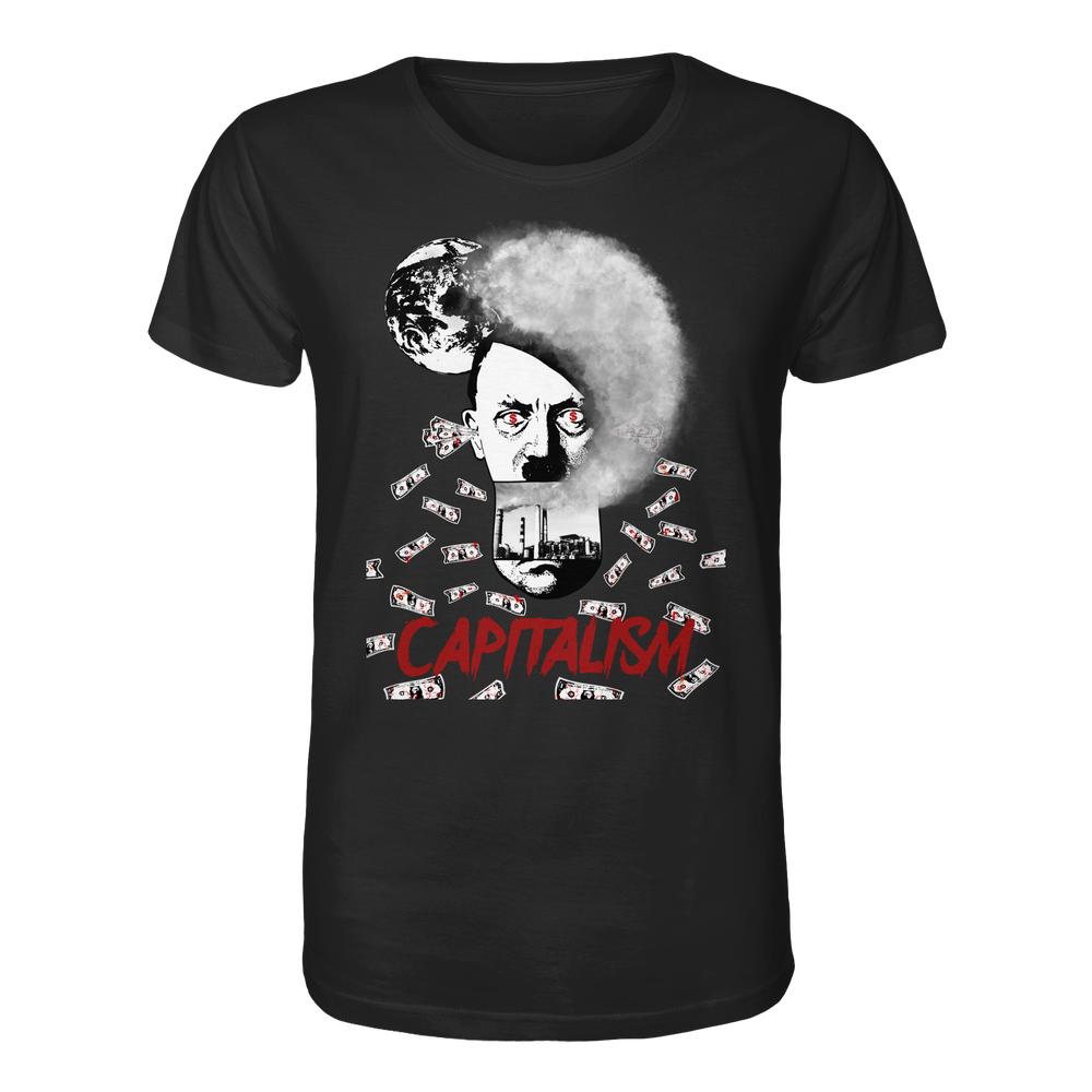 Vegan und Bio Unisex Shirt: Capitalism vs. Earth - The Money Game, zeigt ein rauchender Globus mit bedrohlichem Gesicht, rauchender Fabrik und Geldscheinen, darunter CAPITALISM.