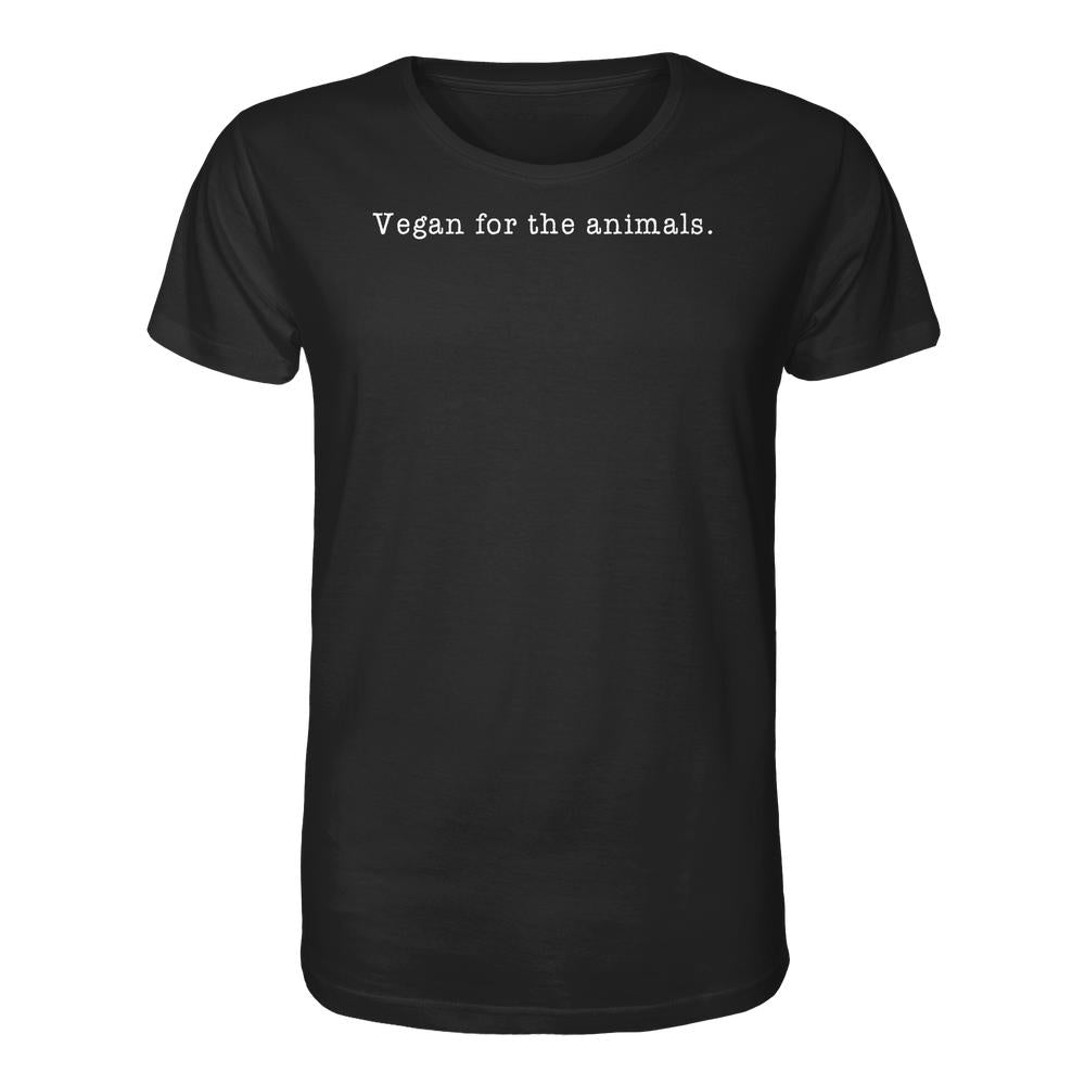 Schwarzes T-Shirt mit weißem Text „Vegan for the animals.“ aus Bio-Baumwolle, normale Passform, Teil der veganen und nachhaltigen Kollektion von RUDE REBEL.