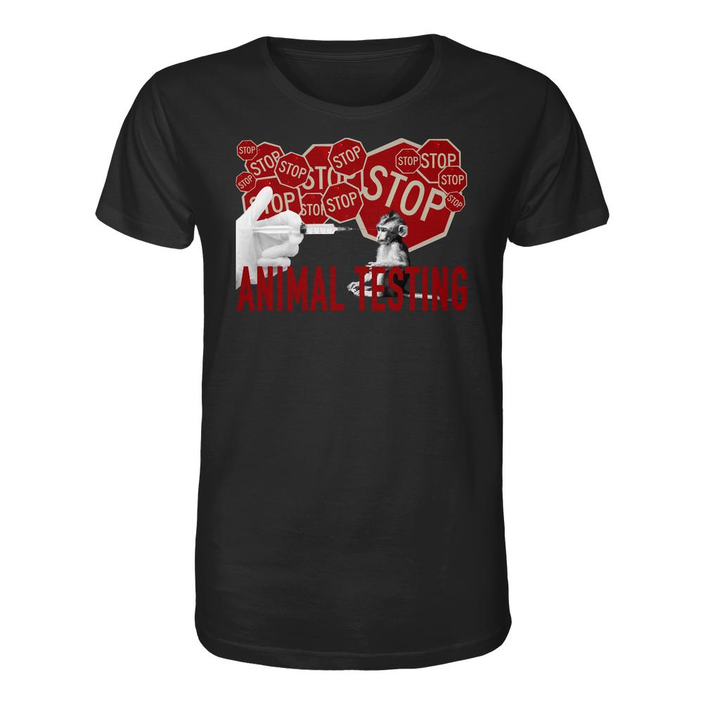 Vegan und Bio Unisex Shirt: STOP ANIMAL TESTING! Schwarzes T-Shirt mit roten Stoppzeichen, Spritze und Affenmotiv, protestiert gegen Tierversuche. 100 % Bio-Baumwolle.