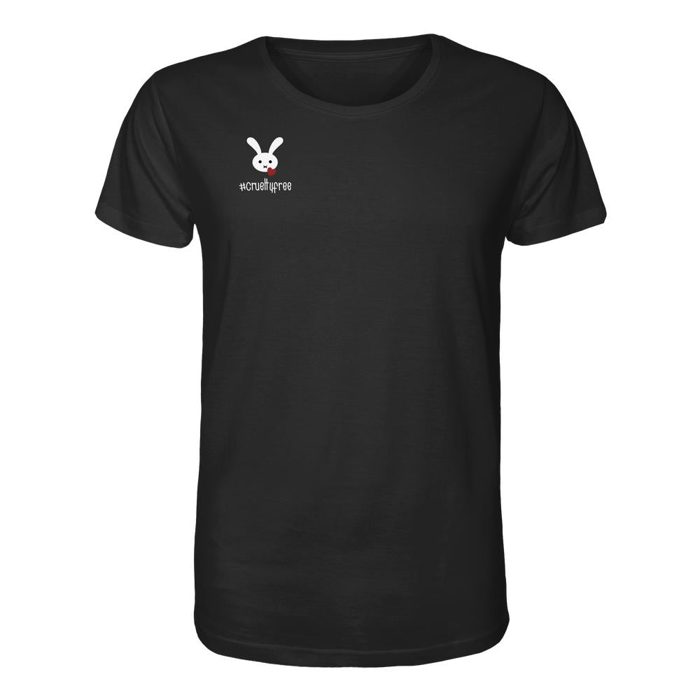 Schwarzes Bio-Baumwollshirt mit kleinem weißen Cartoon-Hasengesicht und rotem Herz auf der Brust, darunter der Text „#crueltyfree“.