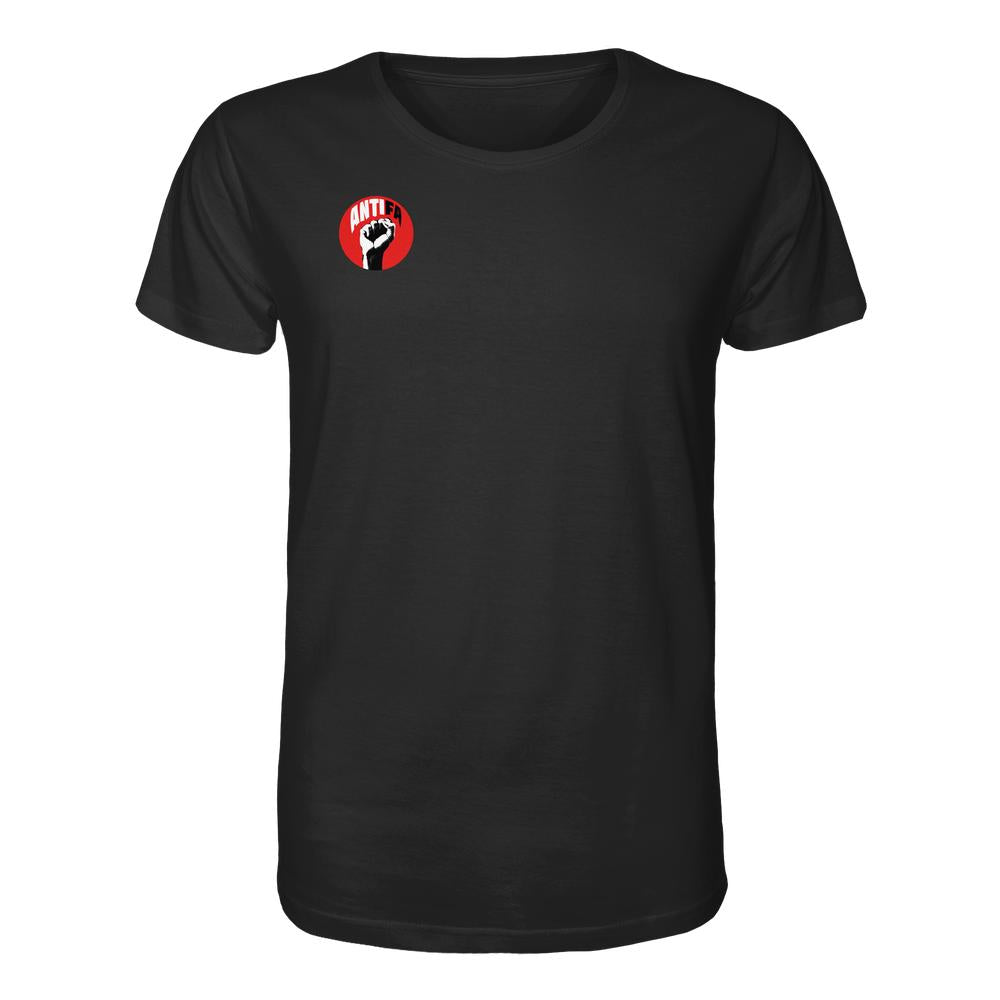 Schwarzes T-Shirt mit rotem ANTIFA-Logo, symbolisiert Widerstand gegen Rechts, aus 100% Bio-Baumwolle, von RUDE REBEL.