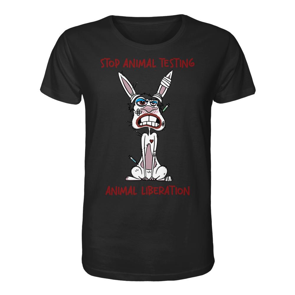 Vegan und Bio Unisex Shirt: White rabbit - STOP ANIMAL TESTING! zeigt Cartoon-Hasen mit Bandagen und Spritzen, betont Tierquälerei. Hergestellt aus 100 % Bio-Baumwolle.