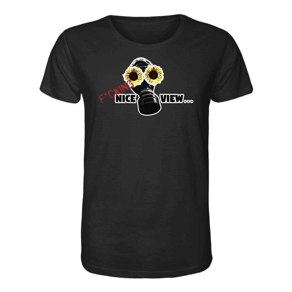 Vegan und Bio Unisex Shirt: Sunflower Mask - F*cking nice view... zeigt ein schwarzes T-Shirt mit Gasmaske-Sonnenblumen-Grafik und provokantem Text auf der Brust.