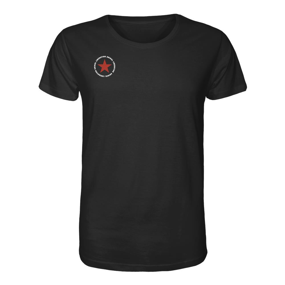 Vegan und Bio Unisex Shirt: Red Star - Animal Liberation, schwarzes T-Shirt mit rotem Stern und weißem Text auf der Brust, aus 100% Bio-Baumwolle.