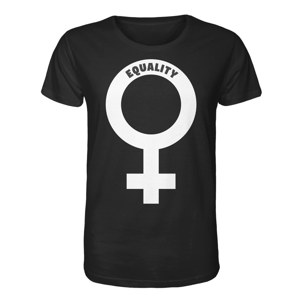 Vegan und Bio Unisex Shirt: Das Venussymbol - Feministisches Shirt mit fetten Lettern, zeigt ein weißes Venussymbol und EQUALITY. in großen Buchstaben auf einem schwarzen T-Shirt.