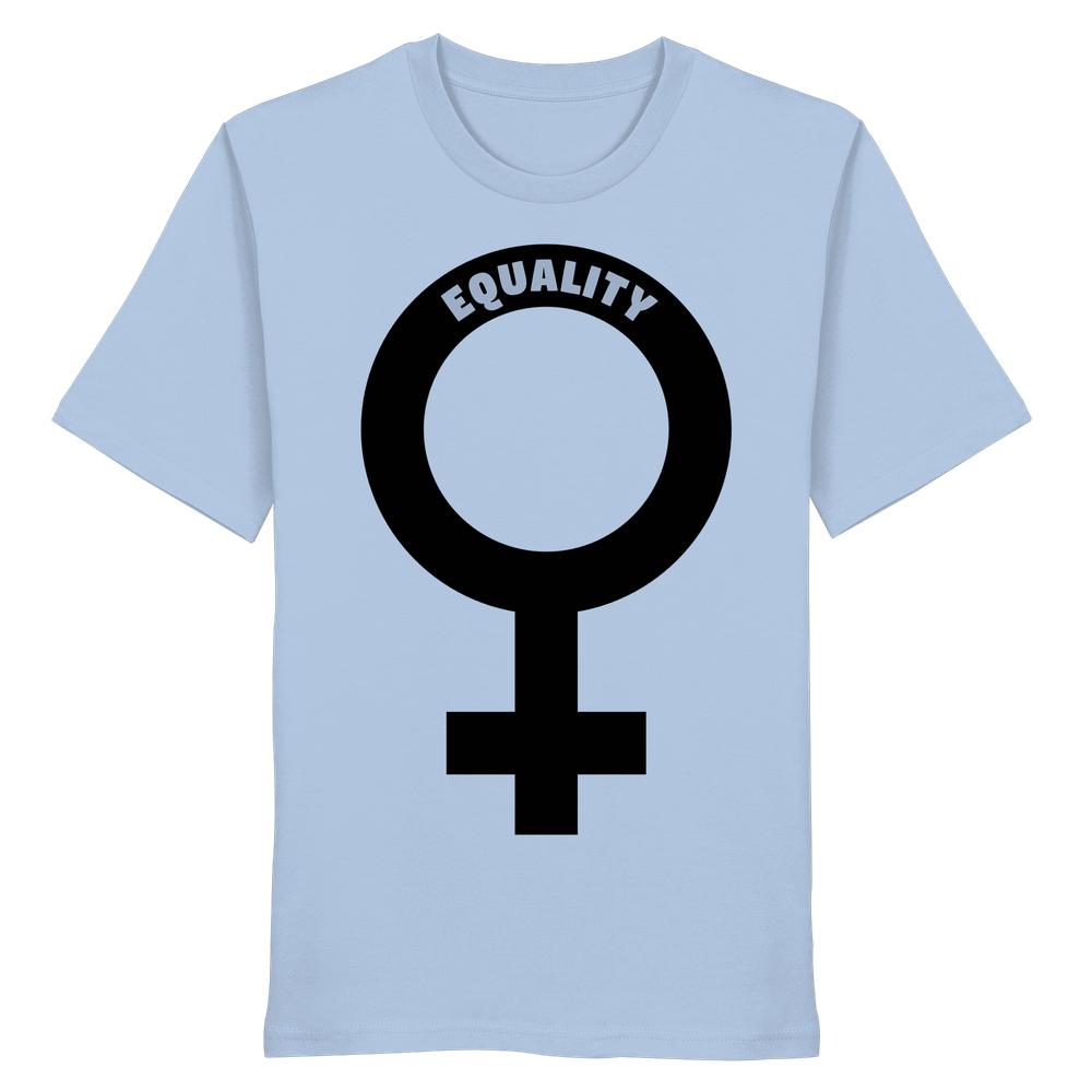 Vegan und Bio Unisex Shirt: Das Venussymbol zeigt ein großes schwarzes ♀-Symbol mit EQUALITY im Kreis, aus 100% Bio-Baumwolle, für Gleichberechtigung.