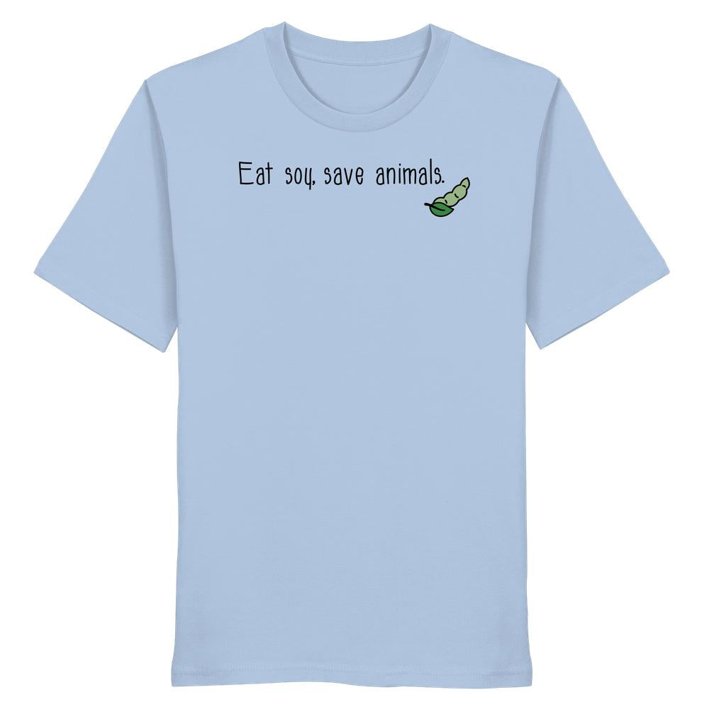 Vegan und Bio Unisex Shirt mit Slogan „Eat soy, save animals.“ und einem grünen Sojabohnen-Illustration, aus 100% Bio-Baumwolle, normales Design von RUDE REBEL.